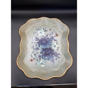 Antique Vintage Metal Tray with Hand-Painted Blue Floral Art